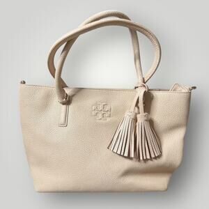 Tory Burch Thea Pebbled Leather Tassel Tote Bag Blush Pink